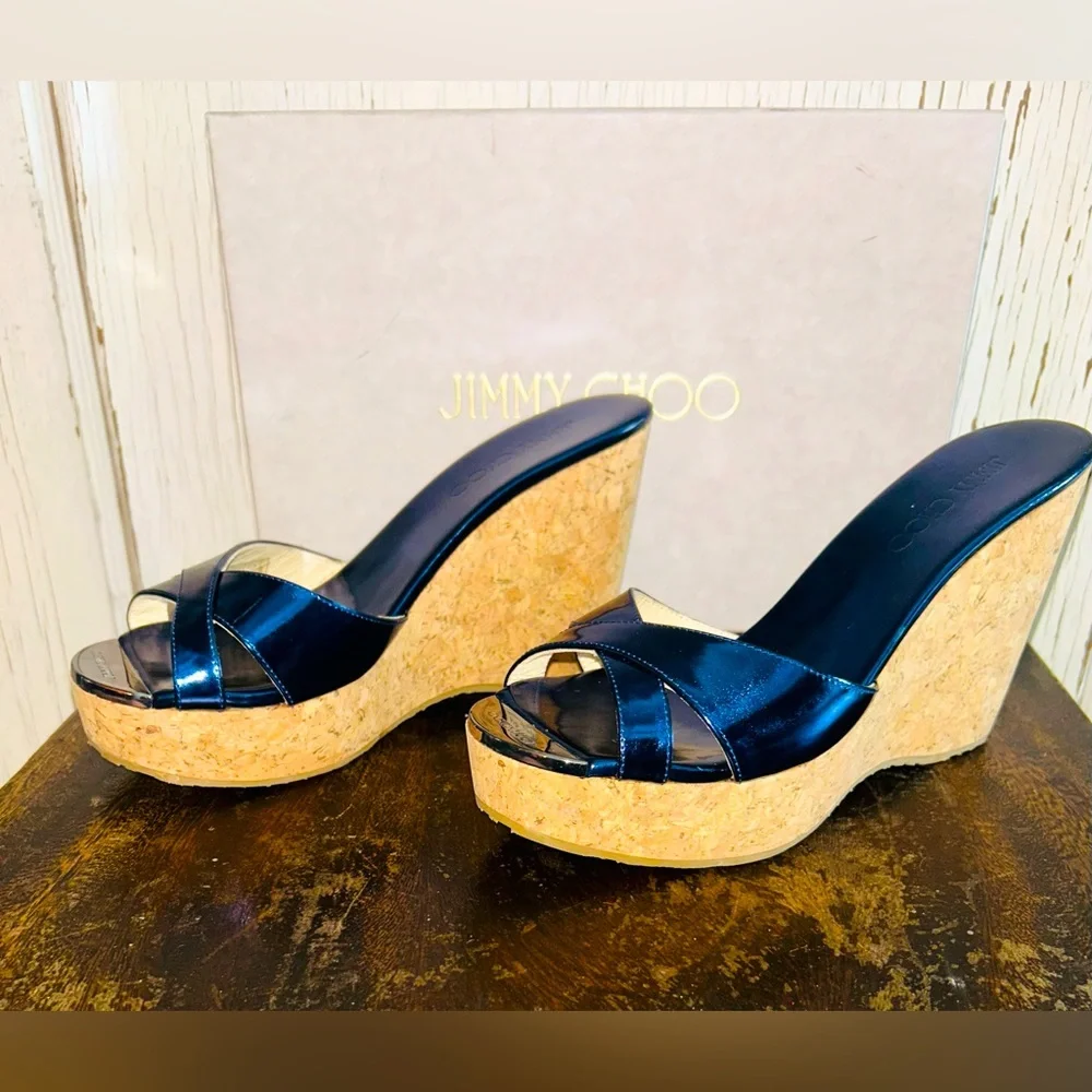 🔹🔹Jimmy Choo PERFUME‎ Metallic Denim Slip on Wedge Sandel-NWT in BOX.🔹🔹